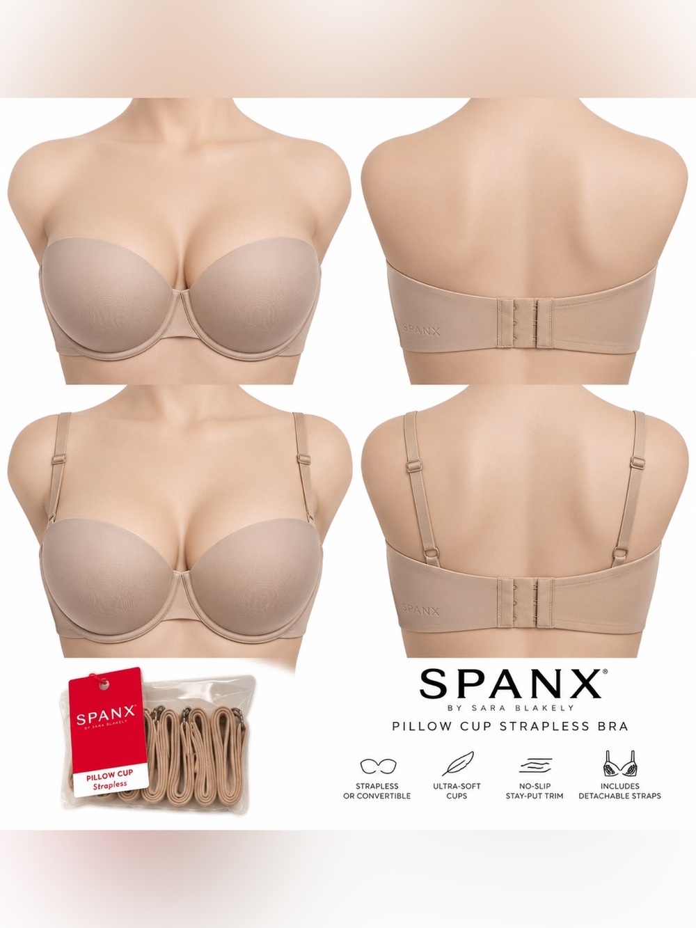 SPANX Pillow Cup Strapless Convertible Bra Soft Nude 34D NWT Detachable Straps
